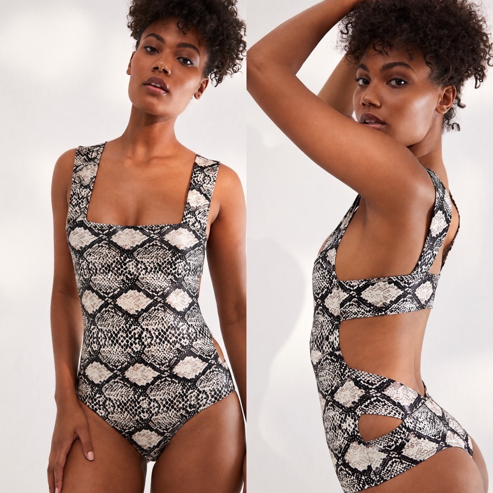 NWT Free People Oh She's Strappy Bodysuit M Snake Reptile Print Satin Chic Y2K